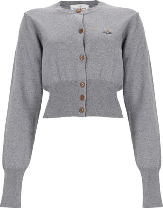 Vivienne Westwood Cropped Grey Cardigan With Ribbed Cuffs And Embroidered Emblem