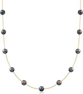 Ross-Simons 6-6.5mm Black Cultured Pearl Station Necklace in 14kt Yellow Gold