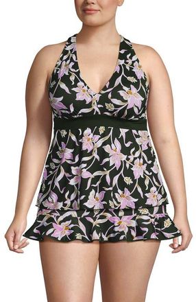 Lands End D-Cup V-Neck Racerback Flutter Tankini in Tropic Floral/rich Olive at Nordstrom, Size 24W