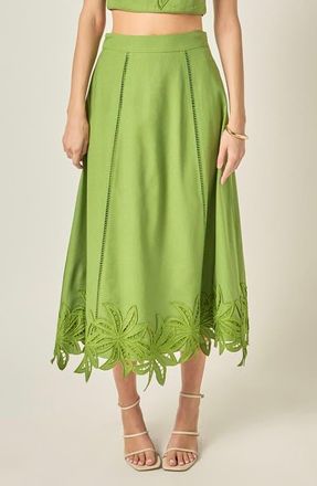 English Factory Palm Tree Embroidered Midi Skirt in Green at Nordstrom, Size X-Small