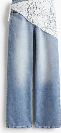 H&M Straight High Waist Jeans mit Tuch - Helles Denimblau/Weiss