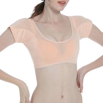 Generic WomenS Solid Silk Underarm Sweat Proof Breathable Super Sweat Absorbent Pad Sweat Proof V Neck Vest Crop Workout Tops for Women (Beige, L)