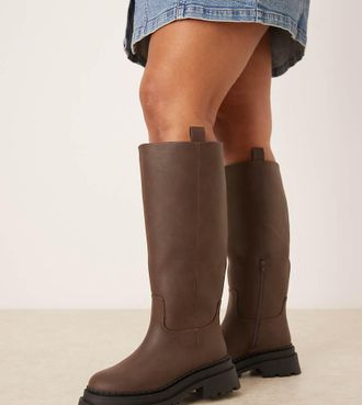 Asos Curve - Cecilia - Stivali bassi al ginocchio color cioccolato con suola spessa-Marrone