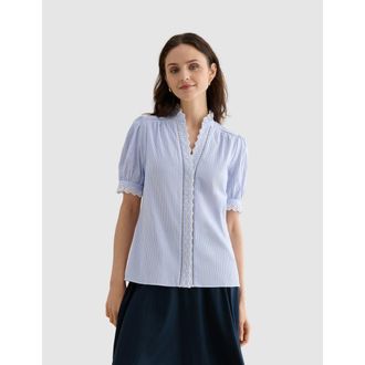 Hobbs London Naima Scalloped Lace Trim Pintuck Blouse in Blue Ivory at Nordstrom, Size 16