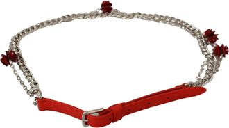Dolce & Gabbana Womens Red Leather Roses Floral Silver Waist Belt Brass