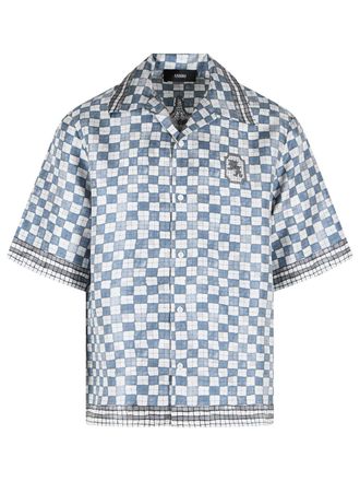 Amiri geruit lichtblauw zijden overhemd