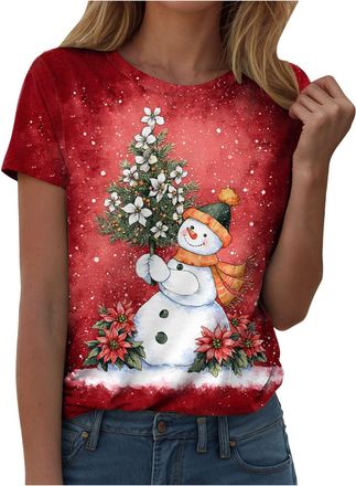 Generic Womens Christmas Top Christmas Graphic Tops Snowman Print Xmas Wine Glass Tops Short Sleeve Round Neck T-Shirt Women Novelty Christmas T-Shirts Family