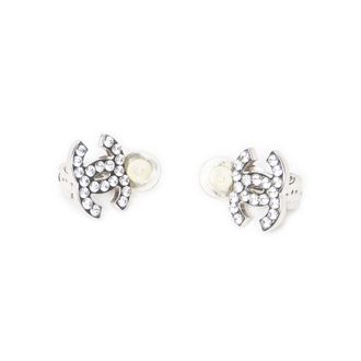 Chanel Pre-owned Womens CC Rhinestone Clip On Earrings - Silver - One Size