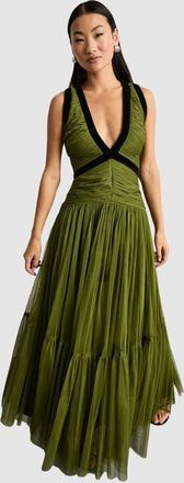 Warehouse Petite Velvet Trim Tulle Maxi Dress in Green at Nordstrom, Size 10P