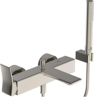Ideal Mezclador De Ba&ntilde;o Check Plateado Expuesto Storm Con Tabique-hb, Flexo De Ducha, Soporte De Pared Standard