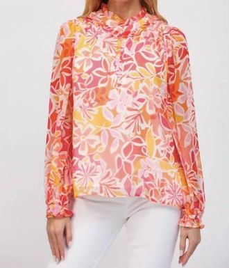 Fate Ruffle Neck Soft Bloom Blouse In Pink/ Orange