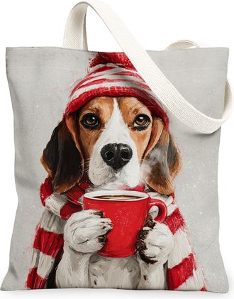 Generic Winter Dog Canvas Tote Bags, Adorable Beagle Pattern Reusable Grocery Bags, Lightweight Washable Shoulder Strap Canvas for, Grey, 13x15 Inch