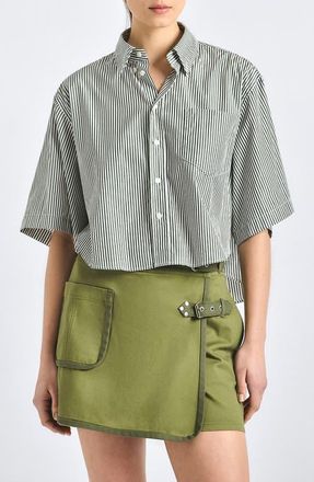 Derek Lam Ember Oversize Stripe Crop Cotton Button-Up Shirt in Fatigue Stripe at Nordstrom, Size X-Small