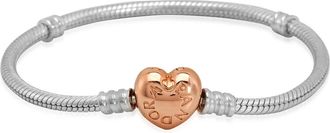 Pandora Sterling Silver And 14k Rose Gold-plated Moments Heart Clasp Snake Chain Bracelet, Size 18