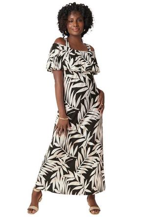 Jessica London Cold Shoulder A-Line Maxi Dress in Black White Palm at Nordstrom, Size Medium
