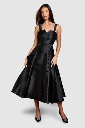Coast Lisa Twill Volume Belted Midi Dress in Black at Nordstrom, Size 12