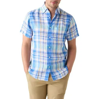 Robert Talbott Morgan Plaid Linen Short Sleeve Shirt in Aqua Multi at Nordstrom, Size Xxx-Large