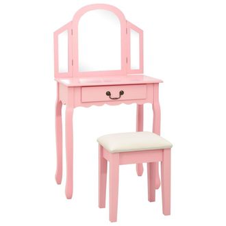 vidaXL Tocador Y Taburete Madera Paulownia Y Mdf Rosa 65x36x128 Cm Vidaxl