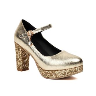 Generic Womens Mary Jane Pumps Metallic Upper Glitter Block Heel Platform Sole Adjustable Ankle Strap Crystal Charm Round Toe Cushioned Insole Durable Shiny S