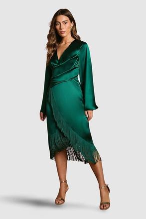 Coast Satin Fringe Hem Wrap Waist Midi Dress in Emerald at Nordstrom, Size 10