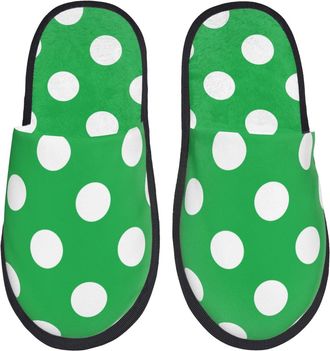 Generic Slippers For Men Green And White Polka Dot Print Furry Slippers Winter Comfy WomenS Slipper, For Hotel, Travel, Home, M