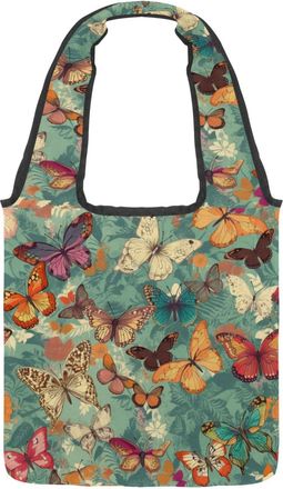 Generic Retro Colorful Butterfly Pattern Reversible Canvas Shoulder Tote - Double-Sided Print, 12oz Cotton, 27cm Drop, Fold-Flat Bag for Travel, Shopping, Str