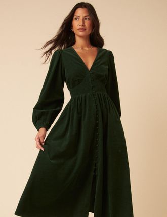 Nobody's Child Forest Green Cord Long Sleeve Riley Midi Dress