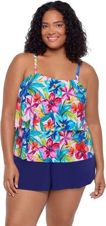 Trimshaper Roxy Double-Tiered Control Plus Size Swim Romper in Tropical Treasure at Nordstrom, Size 24W
