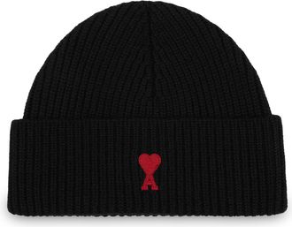 Ami Quota Red Ami De Coeur Ribbed Wool Beanie