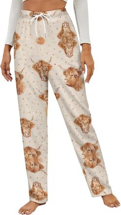 Generic Scottish Highland Cow Womens Flannel Pyjama Casual Wide Lounge Pants Soft Pj Bottom with Drawstring Sleepwear 5XL