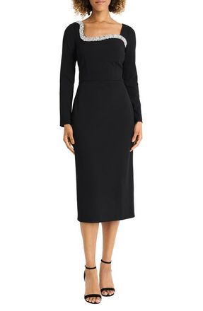 Maggy London Beaded Long Sleeve Midi Dress in Black at Nordstrom, Size 10