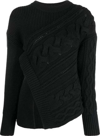 Alexander McQueen Asymmetrische Wollen Trui met Geribbelde Details - Dames - Ronde hals truien - Zwart - M - Wol - Truien & Vesten