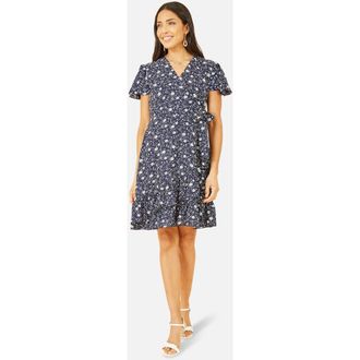 Yumi Ditsy Floral Wrap Frill Dress in Navy at Nordstrom, Size 16