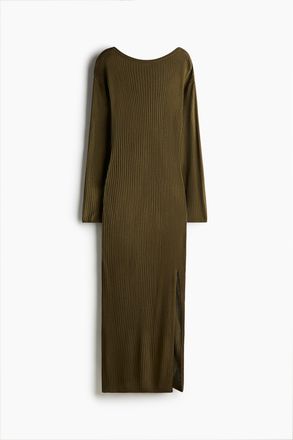 H&M Geripptes Strickkleid - Dunkles Khakigr&uuml;n