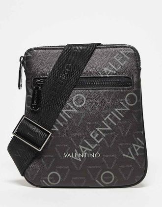 Valentino Zefir - Borsa a tracolla nera e grigia con logo ripetuto-Nero