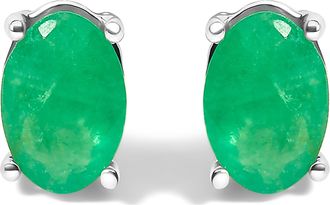 House of Brilliance Sterling Silver 1.20 Cttw Oval Green Emerald Solitaire Stud Earrings