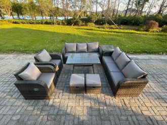 Fimous 10 Seater Rattan Outdoor Garden Furniture Sofa Set Patio Table & Chairs Set with 3 Seater Sofa Rectangular Dining Table Side Table in Dark Grey