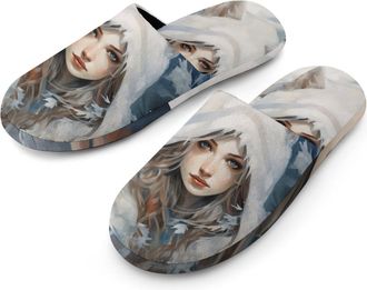 Generic Fox And Beauty Flannel Mens Slip-on Slippers Winter Warm House Shoes with Rubber Sole for Home Hotel