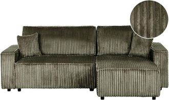 Beliani Fabric Jumbo Cord Left Hand Corner Sofa Sleeper Function Pull Out Cushioned Back Pet Friendly Extra Throw Pillows Green Abacka