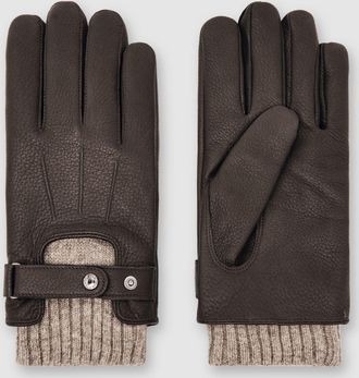 Reiss Dark Brown Leather Ribbed-cuff Gloves, L