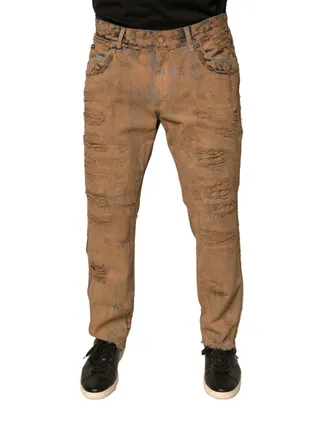 Dolce & Gabbana Mens Brown Tattered Cotton Skinny Denim Jeans Clothing