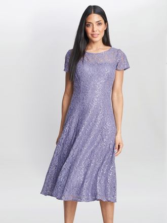 Gina Bacconi Womens Genny Cap Sleeve Midi Length Sequin Lace Dress - Purple - Size 18 UK