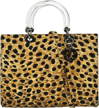 Dior Vintage Lady Dior Bag Printed Canvas Yellow Canvas Handbag (Pre-Owned)