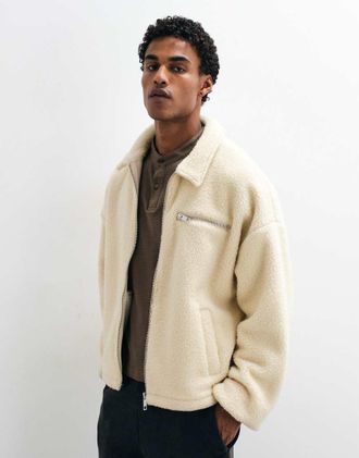 Asos giacca oversize in pile borg con chiusura con zip, ecru-Bianco