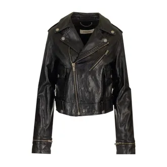 Golden Goose Jassen, Dames, Zwart, S, Leer, Leren Bikerjack met Glanzend Effect