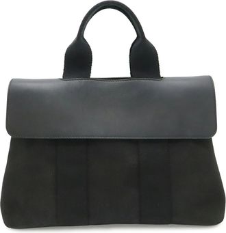 Herm&egrave;s Black Toile Chevron Leather Handbag Tote Bag (Pre-Owned)