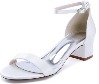 Generic Satin Bridal Shoes Womens Ankle Strap Low Block Heels Wedding Dress Shoe Formal Evening Prom Party Shoes 4.5Cm,White,10 UK