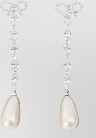 Self Portrait crystal-embellished bow pearl drop earrings