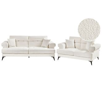 Beliani Conjunto Moderno De Sala De Estar Sof&aacute;s Tapizados 3 Plazas 2 Plazas Boucl&eacute; Con Reposacabezas Ajustable Blanco Skive
