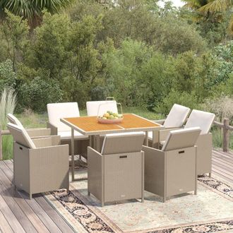 vidaXL Set Comedor De Jard&iacute;n 9 Pzas Con Cojines Rat&aacute;n Sint&eacute;tico Beige Vidaxl